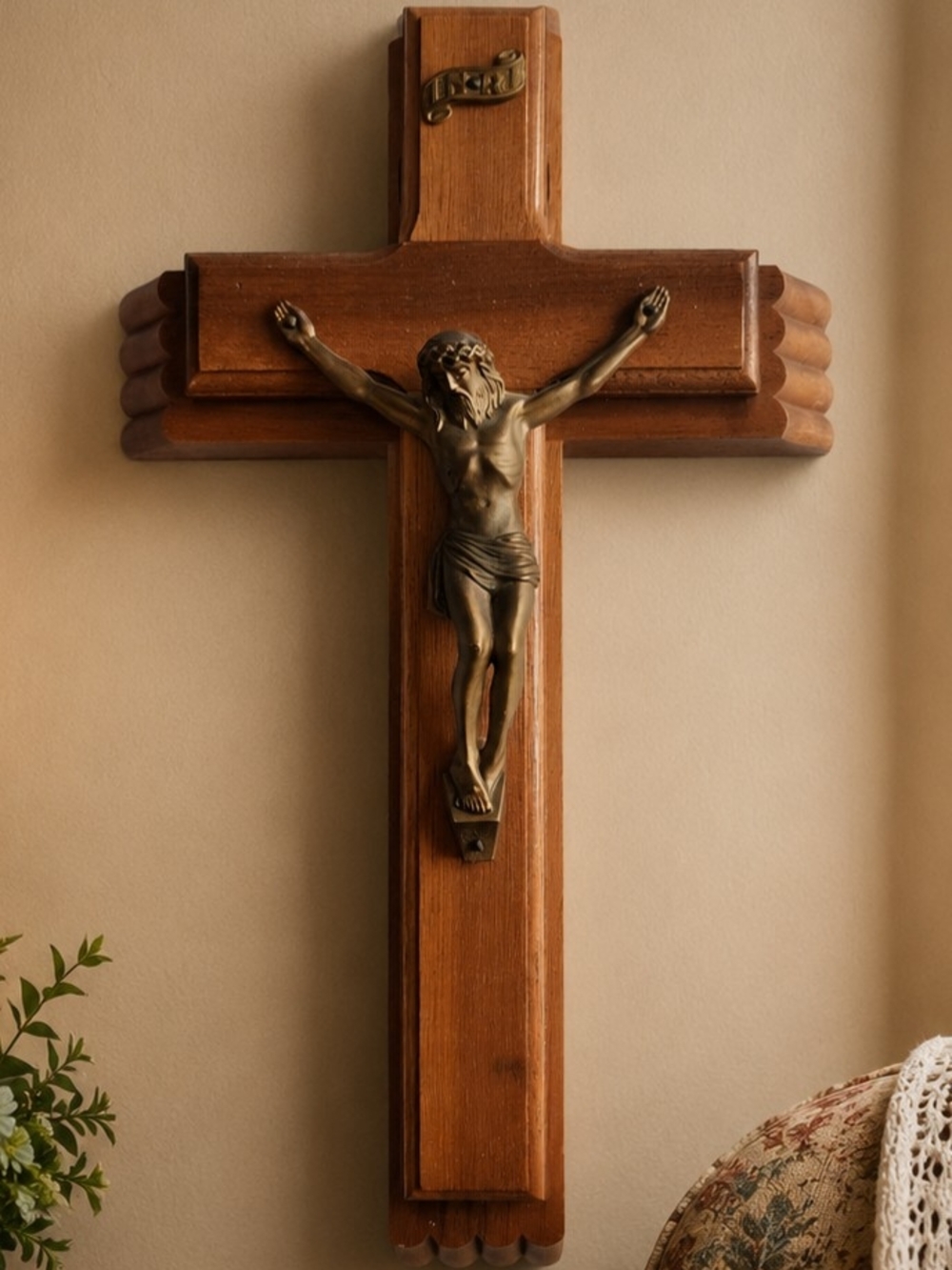 Vintage 13" Catholic Sick Call Crucifix Hidden Compartment Wall Cross Wood Metal